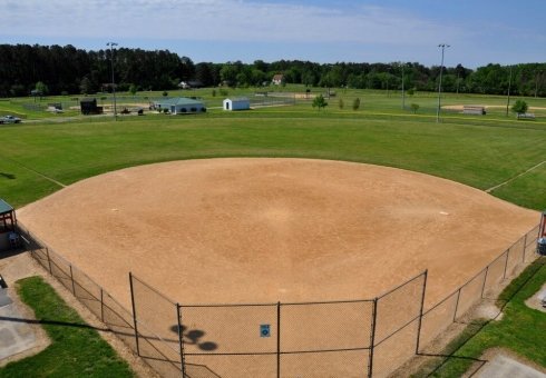 aerial view of baseball field with older sand